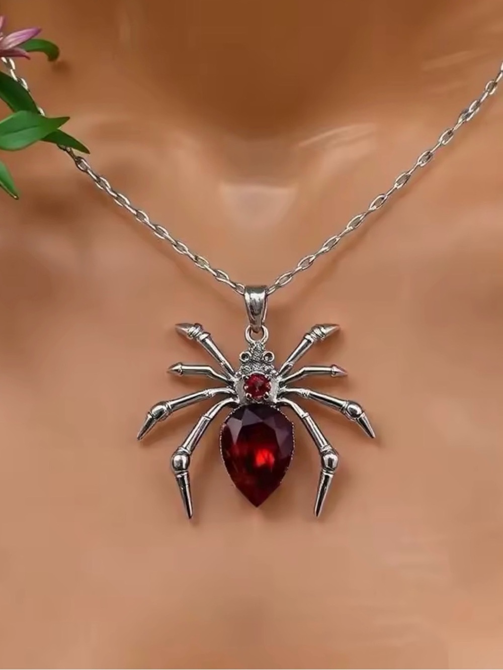 Silver Spider Pendant Necklace with Deep Red Gem